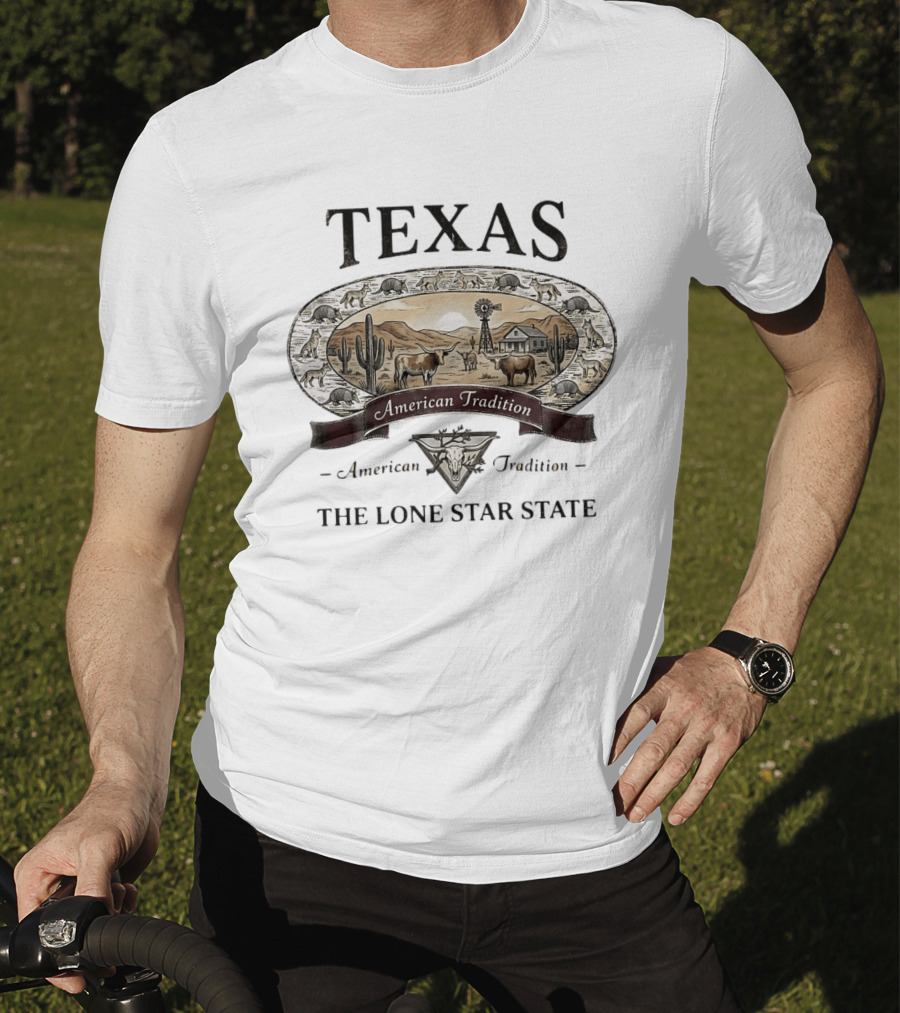 Texas American Tradition The Lone Star State Armadillo Longhorn Desert Scene T-Shirt