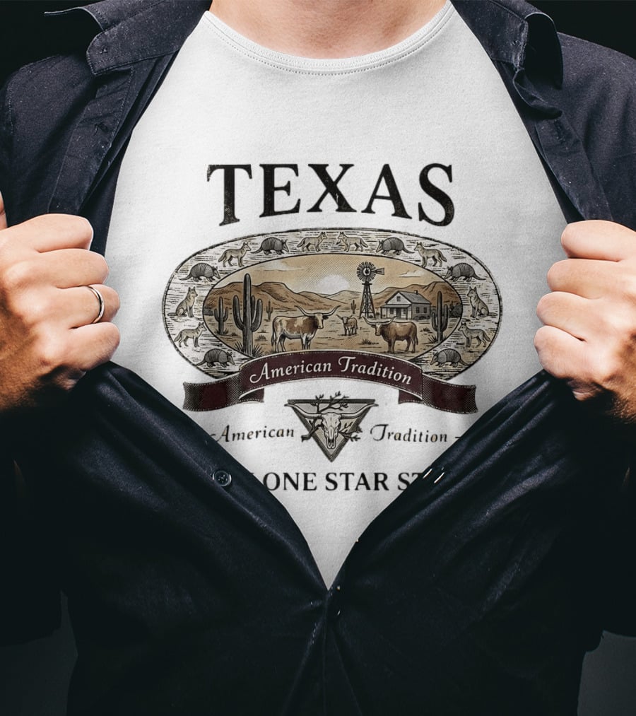 Texas American Tradition The Lone Star State Armadillo Longhorn Desert Scene T-Shirt