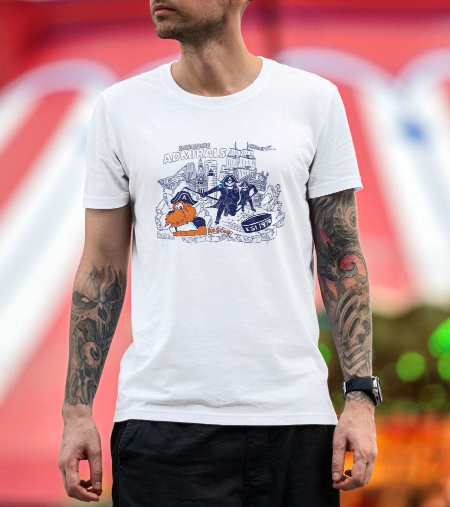 Milwaukee Admirals Roscoe Est 1970 Hockey Mascot And Cityscape T-Shirt