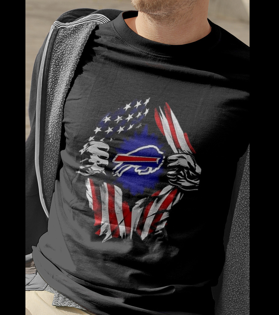 Buffalo Bills Superman Skull Cap Backwards American Flag Rip T-Shirt