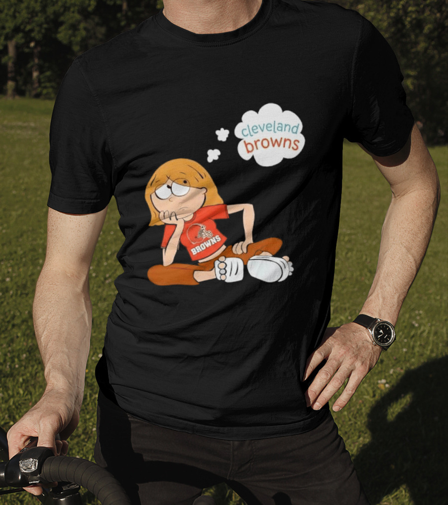 Cleveland Browns Cartoon Girl Sitting With Thought Bubble T-Shirt
