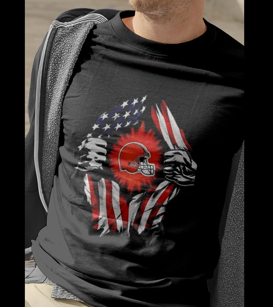 Cleveland Browns Super Man Skull Cap Backwards American Flag Ripped T-Shirt