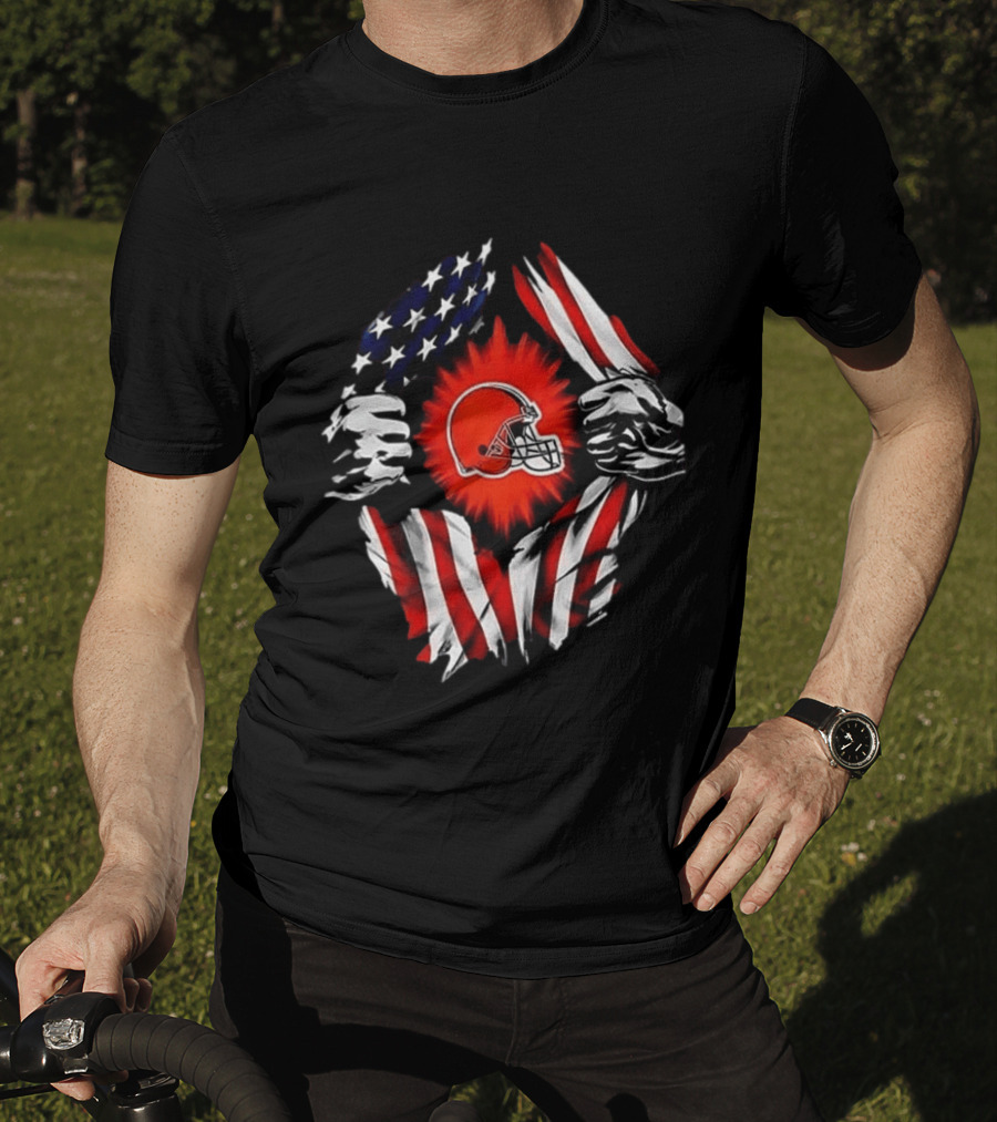 Cleveland Browns Super Man Skull Cap Backwards American Flag Ripped T-Shirt