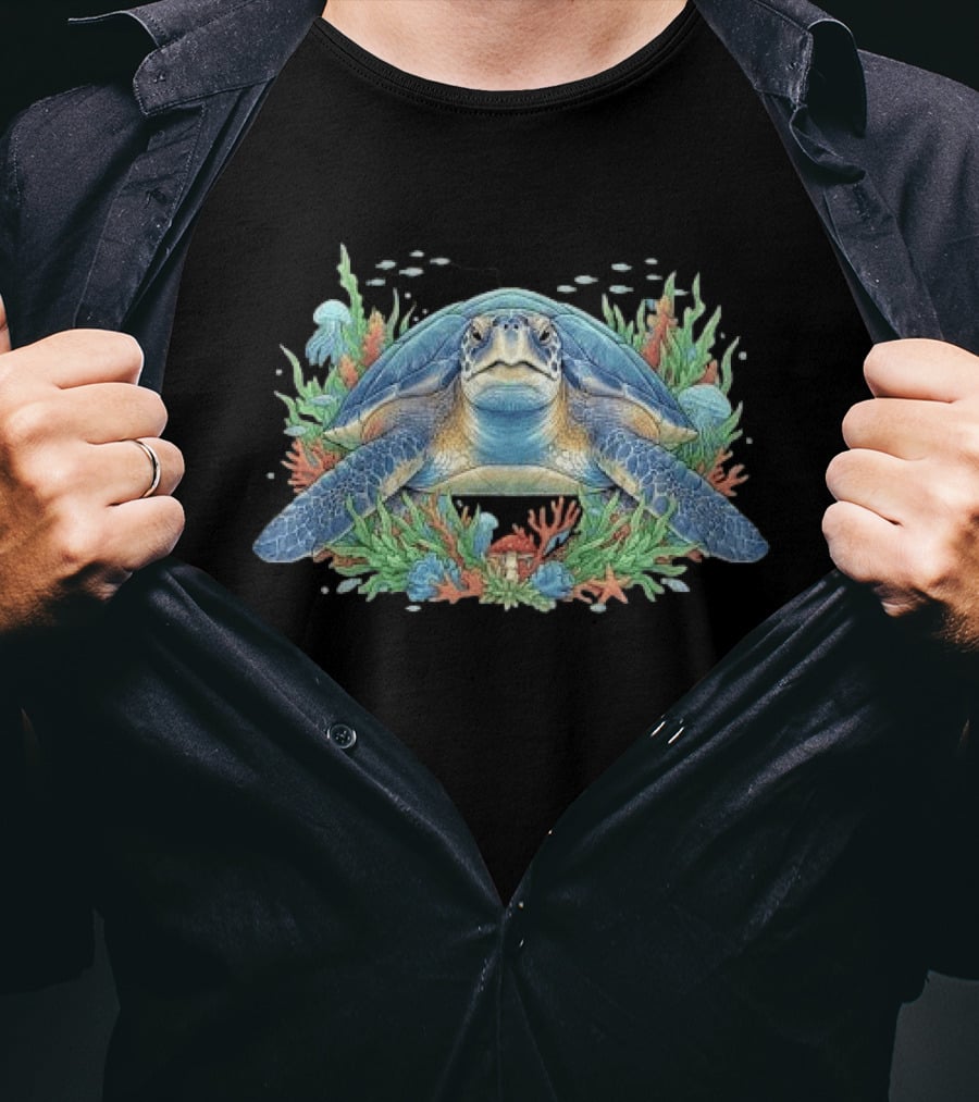Sea Turtle With Coral Reef Red Mushroom And Starfish Underwater Scene T-Shirt