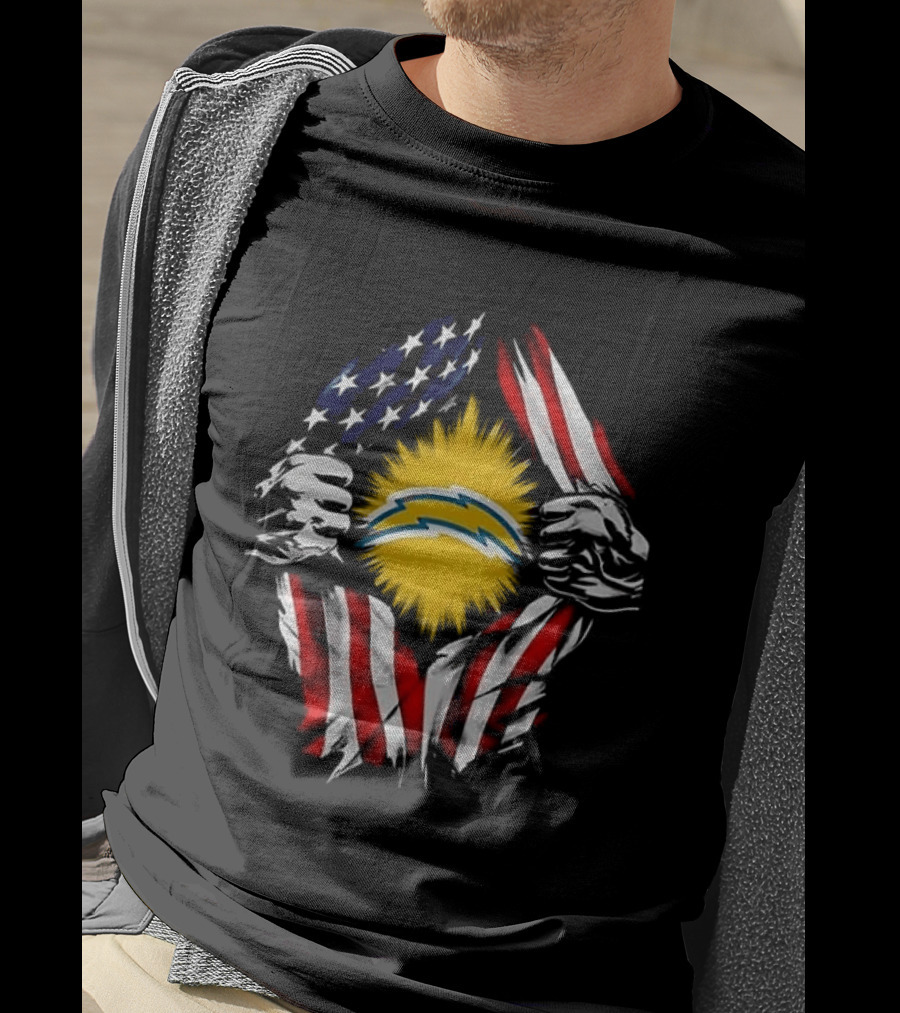 Los Angeles Chargers Superman Skull Cap Backwards USA Flag Power T-Shirt
