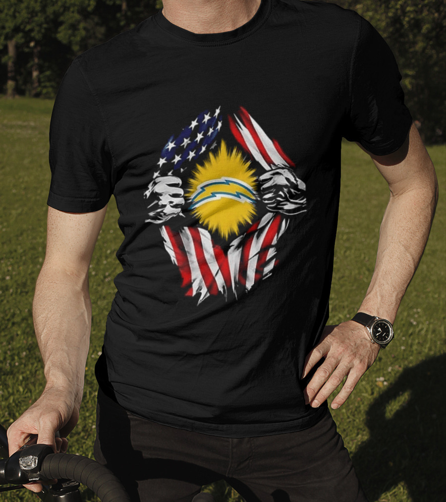 Los Angeles Chargers Superman Skull Cap Backwards USA Flag Power T-Shirt