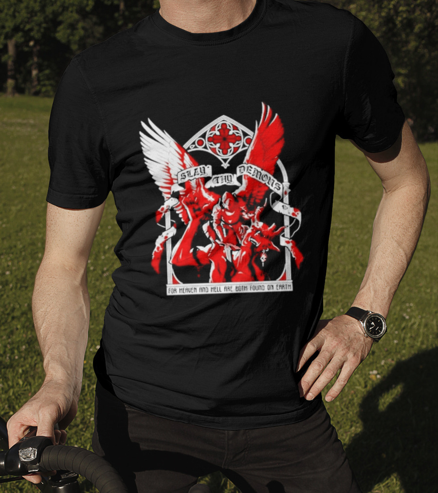 Slay Thy Demons For Heaven And Hell Are Both Found On Earth Angelic Warrior With Wings T-Shirt