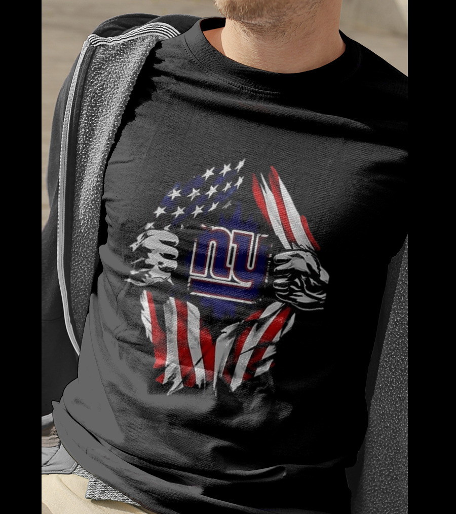 New York Giants American Flag Rip Super Man X Skull Cap Backwards T-Shirt