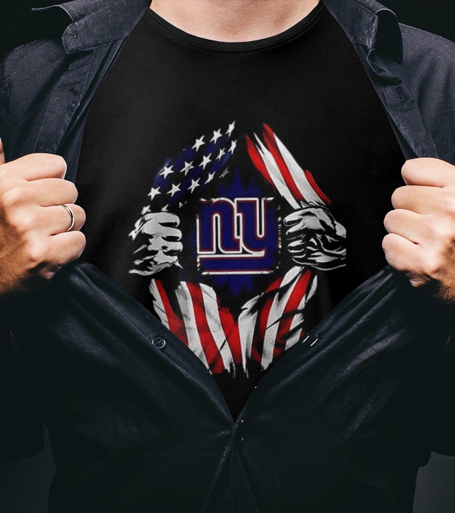 New York Giants American Flag Rip Super Man X Skull Cap Backwards T-Shirt