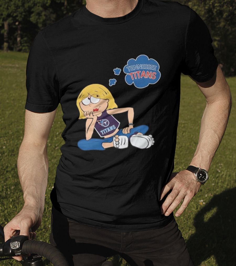 Tennessee Titans Blonde Cartoon Girl Sitting Thinking Thought Bubble Titans T-Shirt