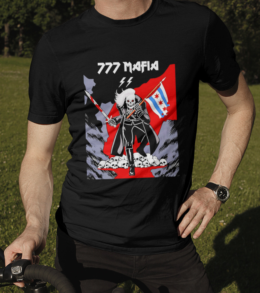 777 Mafia Chicago Flag Skeleton Skull T-Shirt