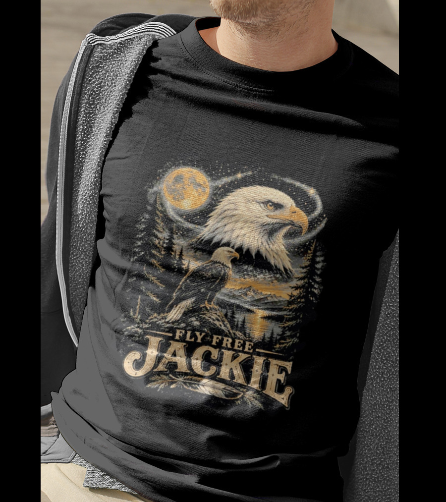 Fly Free Jackie Bald Eagle Scenic Tribute Moonlit Forest Landscape T-Shirt