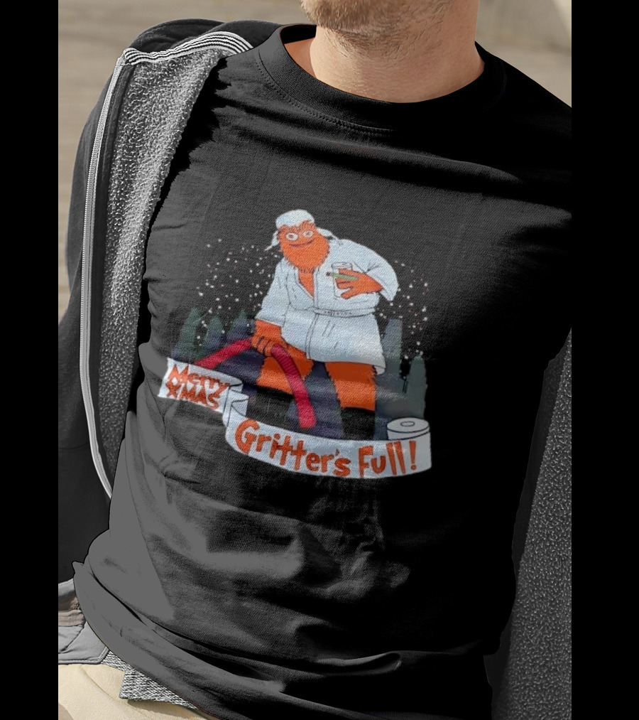 Merry Xmas Gritters Full Cartoon Orange Bathrobe Holding Hose T-Shirt