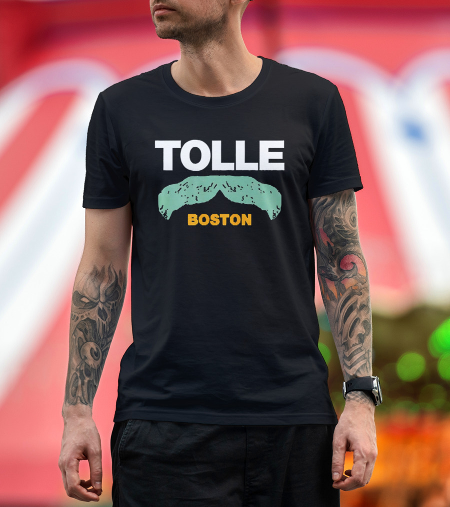 Tolle Boston White And Yellow Distressed Green Mustache T-Shirt