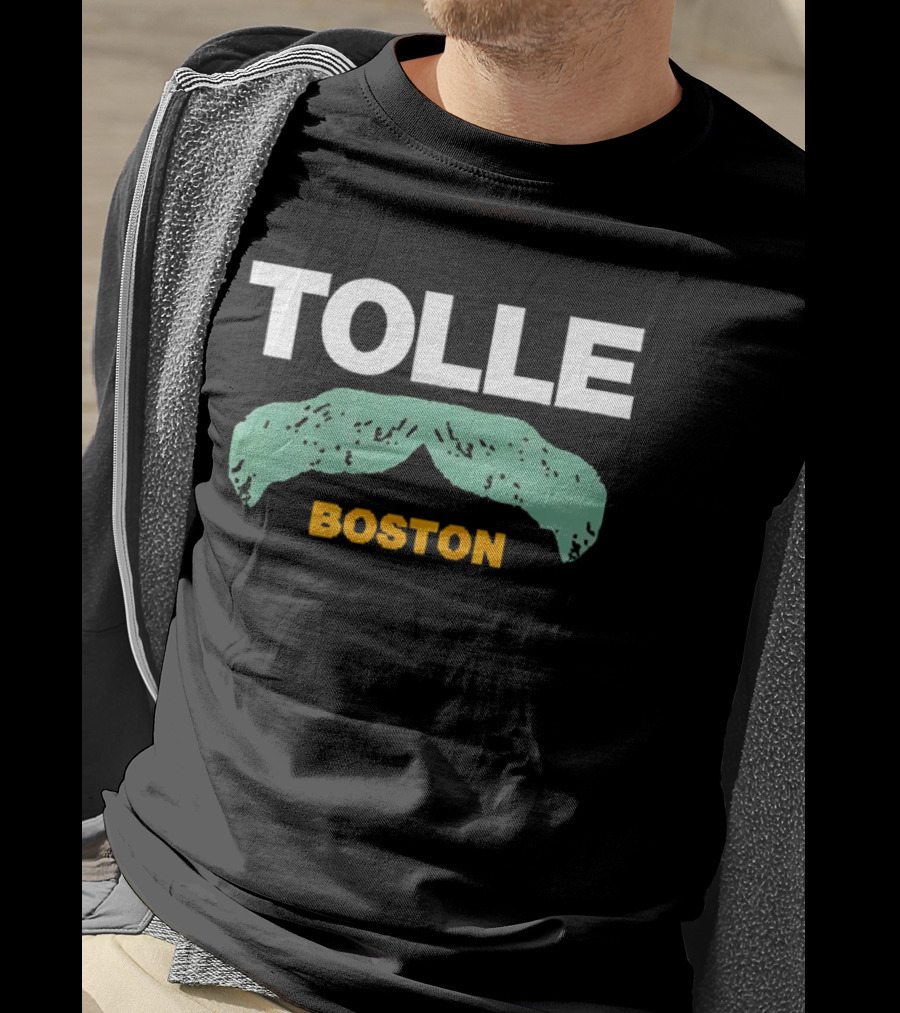 Tolle Boston White And Yellow Distressed Green Mustache T-Shirt