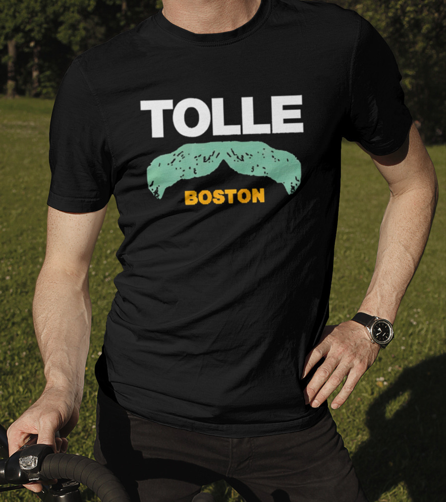 Tolle Boston White And Yellow Distressed Green Mustache T-Shirt