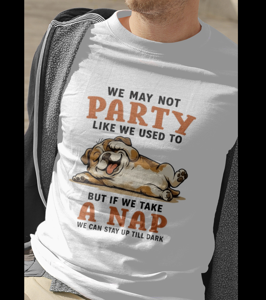 We May Not Party Like We Used To But If We Take A Nap We Can Stay Up Till Dark Cartoon Bulldog Lying Down T-Shirt
