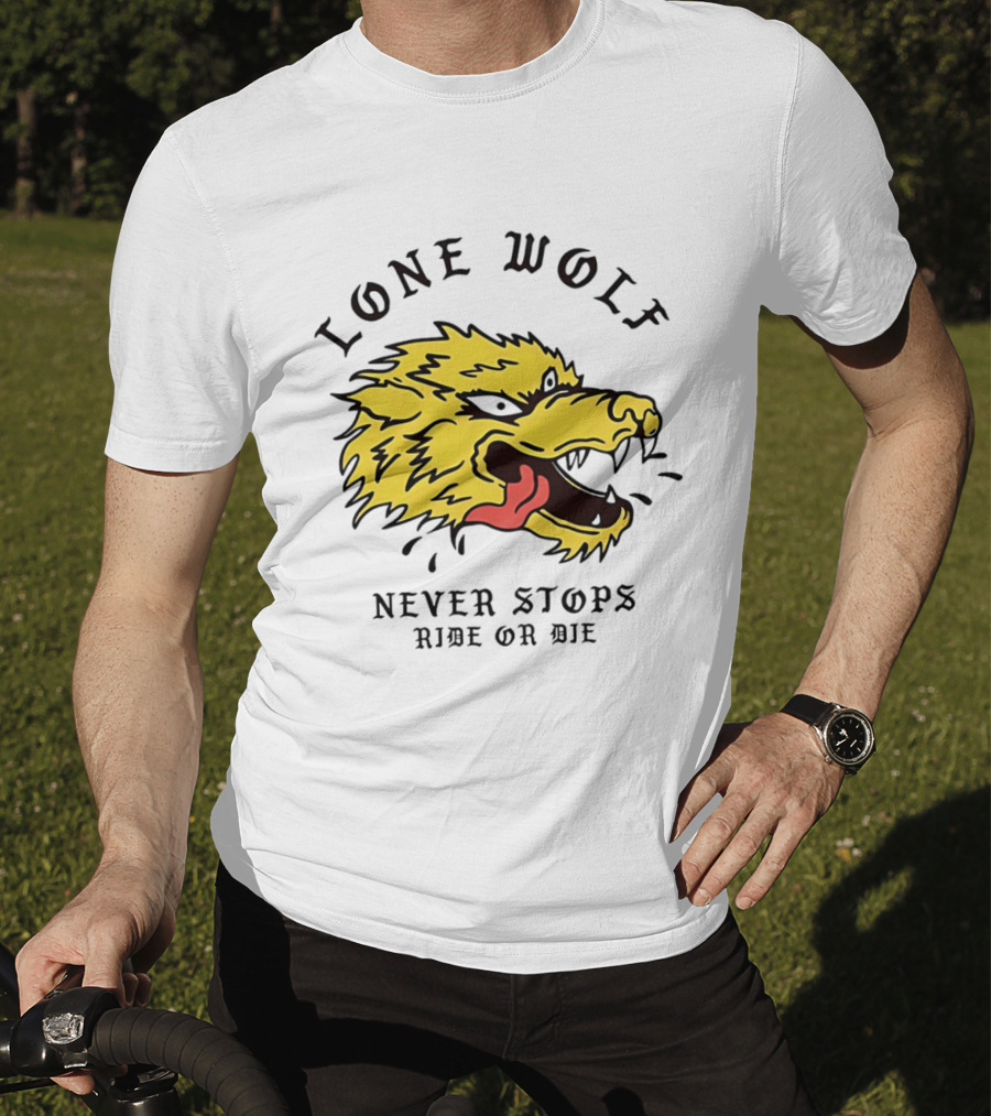 Lone Wolf Never Stops Ride Or Die Fierce Yellow Wolf Head T-Shirt
