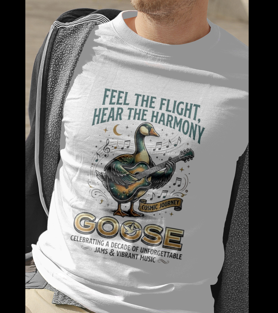 Goose Feel The Flight Hear The Harmony Cosmic Journey Celebrating A Decade Of Unforgettable Jams And Vibrant Music Moon Guitar Notes T-Shirt