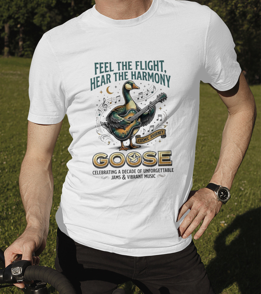 Goose Feel The Flight Hear The Harmony Cosmic Journey Celebrating A Decade Of Unforgettable Jams And Vibrant Music Moon Guitar Notes T-Shirt
