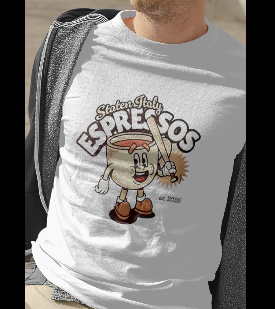 Staten Italy Espressos Est 2026 Cartoon Coffee Cup With Baseball Bat T-Shirt