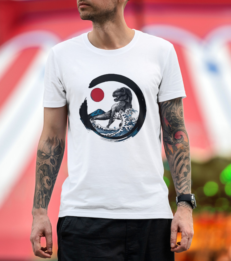 Tyrannosaurus Rex Riding Great Wave With Mount Fuji Enso And Red Sun T-Shirt