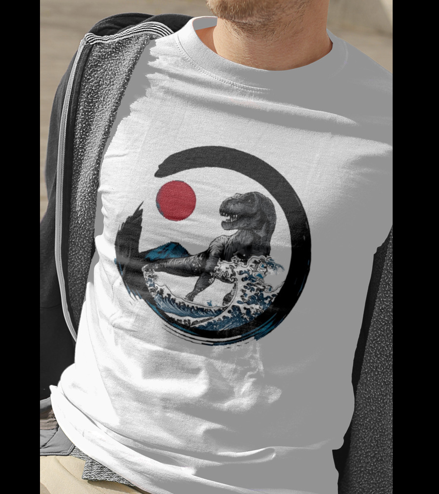 Tyrannosaurus Rex Riding Great Wave With Mount Fuji Enso And Red Sun T-Shirt