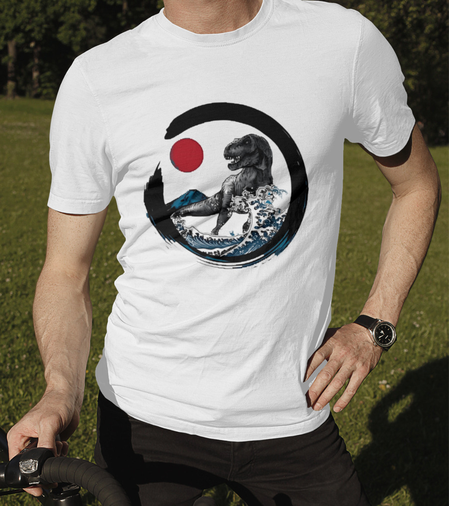 Tyrannosaurus Rex Riding Great Wave With Mount Fuji Enso And Red Sun T-Shirt