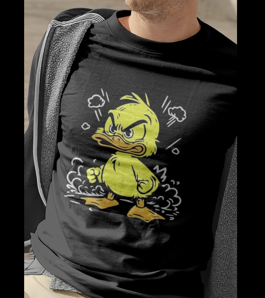 Angry Yellow Duckling Clenched Fists Smoke Clouds Cartoon Line T-Shirt