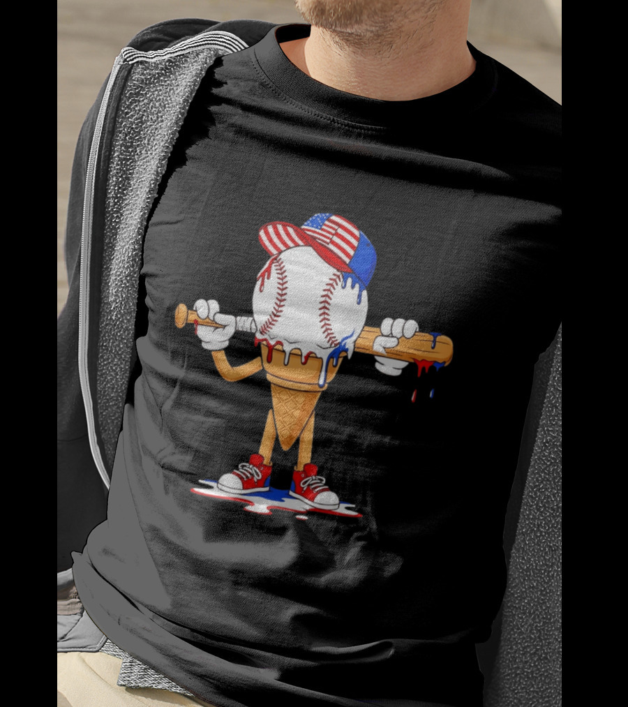 Patriotic Ice Cream Baseball Cone USA Flag Cap And Bat T-Shirt