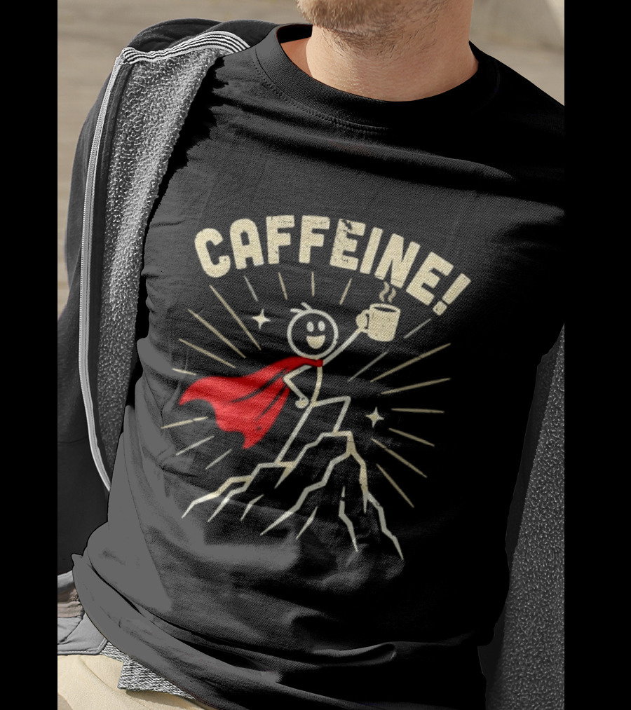 Caffeine Distressed Stick Figure Superhero Holding Coffee On Mountain Peak T-Shirt