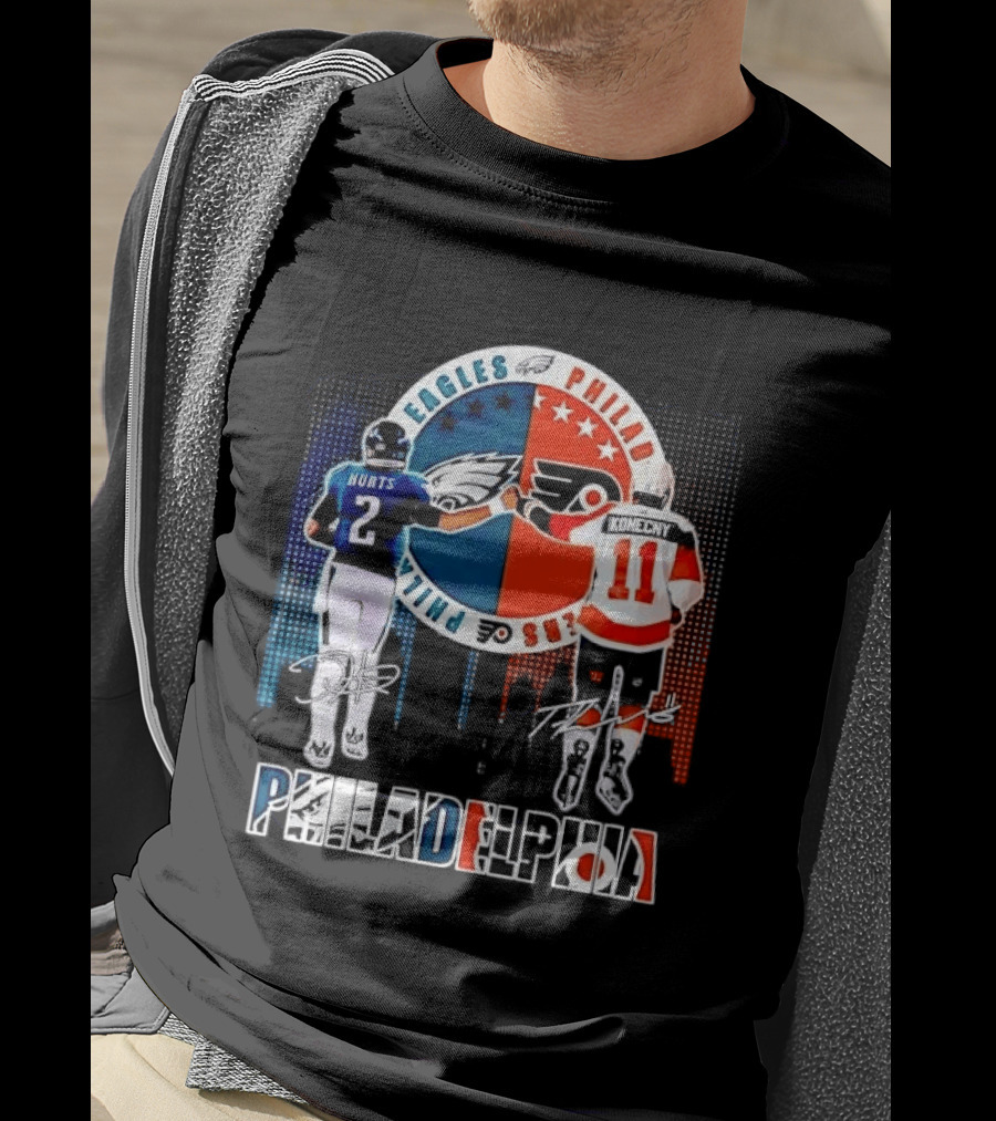 Philadelphia Eagles Flyers Hurts Konecny Fist Bump Split Crest Skyline T-Shirt
