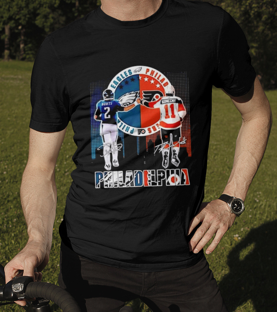 Philadelphia Eagles Flyers Hurts Konecny Fist Bump Split Crest Skyline T-Shirt