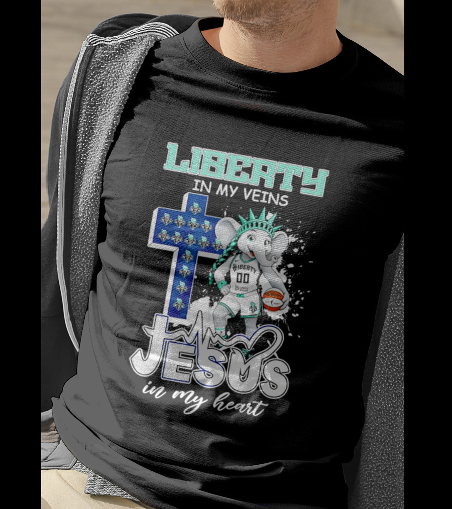 Liberty In My Veins Jesus In My Heart New York Liberty Elephant Basketball Cross T-Shirt