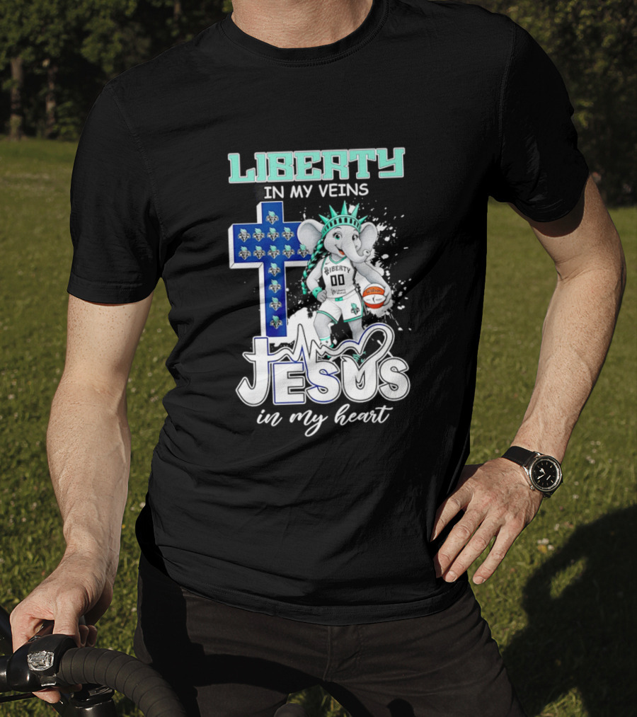 Liberty In My Veins Jesus In My Heart New York Liberty Elephant Basketball Cross T-Shirt