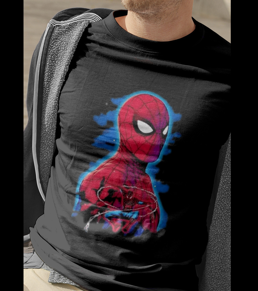 Marvel Spider Man Bust Crouching Web Action Silhouette Clouds T-Shirt