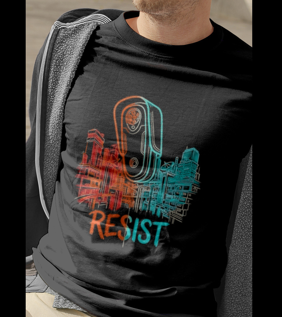 Resist Surveillance Neon City Skyline Security Camera T-Shirt