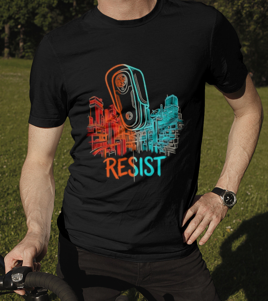 Resist Surveillance Neon City Skyline Security Camera T-Shirt