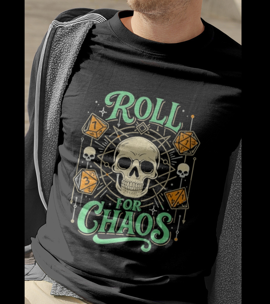 Roll For Chaos Skull RPG Dice Geometric Polyhedral Line T-Shirt