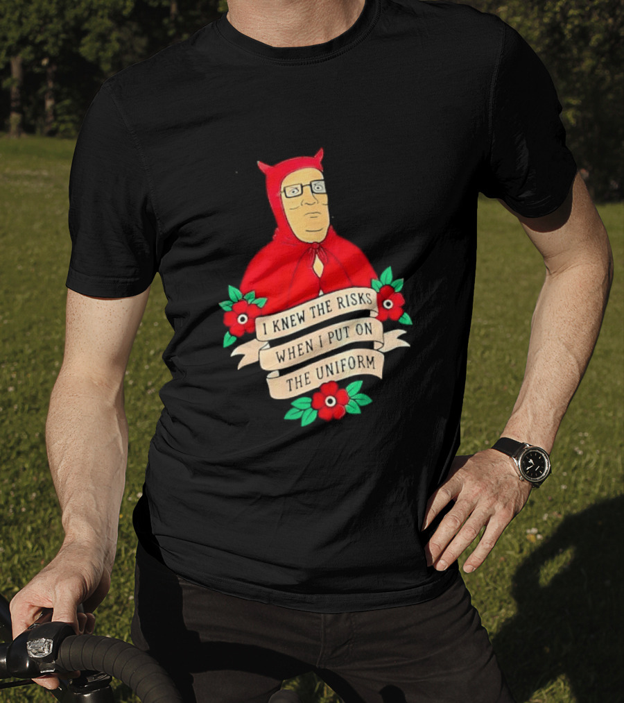 Hank Hill Red Devil Costume I Knew The Risks When Put On Uniform Tattoo Roses Cartoon T-Shirt