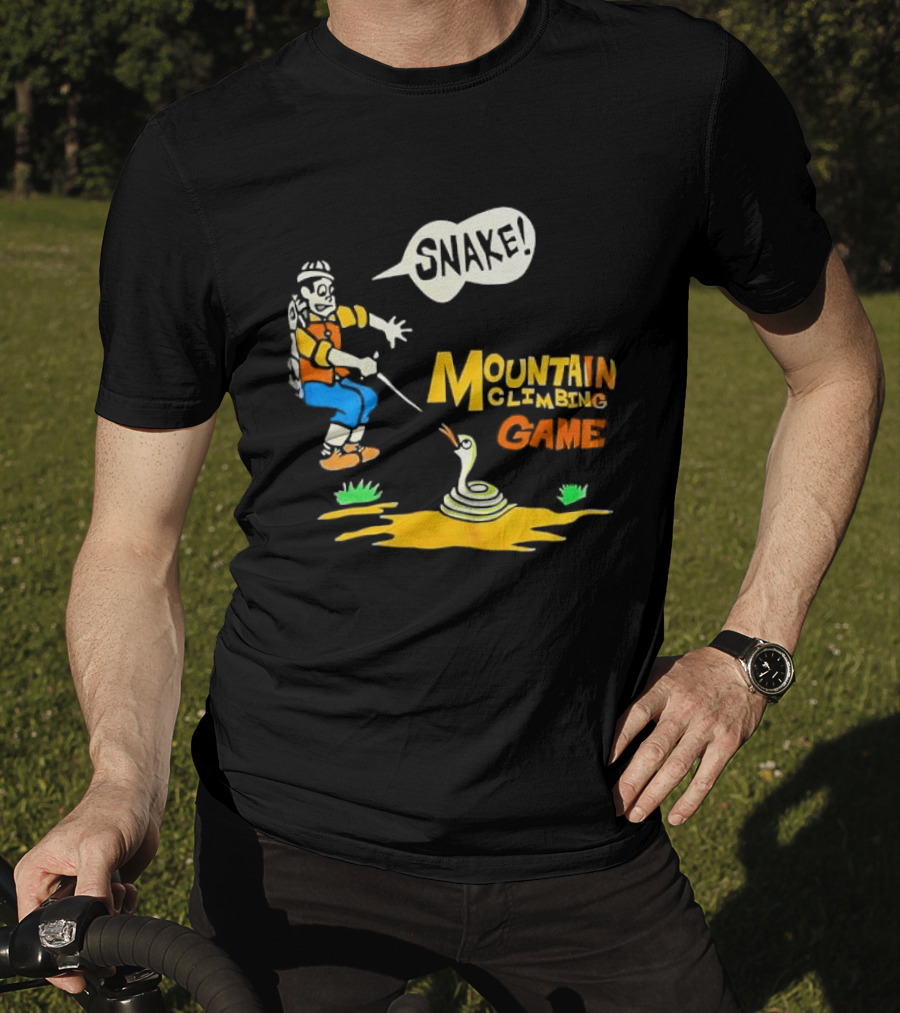 Snake Mountain Climbing Game Startled Climber Coiled Serpent Cartoon T-Shirt