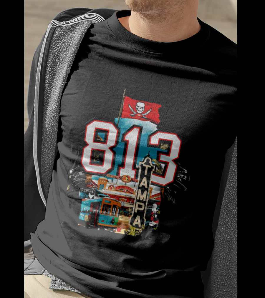 Tampa Bay Buccaneers 813 Day Celebration With Pirate Flag And Tampa Landmarks T-Shirt