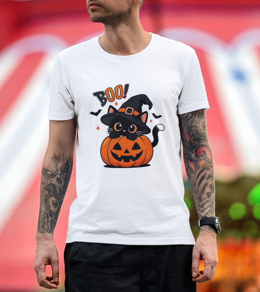 Boo Halloween Black Cat Witch Hat Jack O Lantern Pumpkin T-Shirt