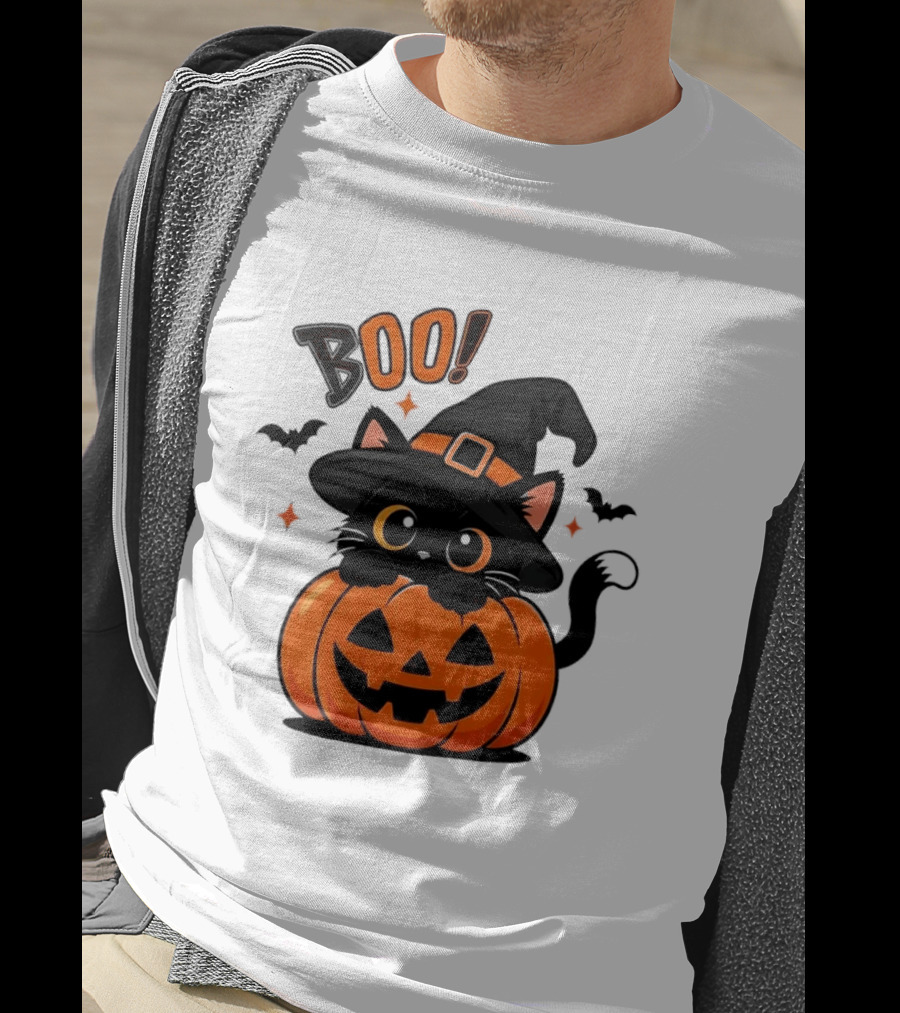 Boo Halloween Black Cat Witch Hat Jack O Lantern Pumpkin T-Shirt
