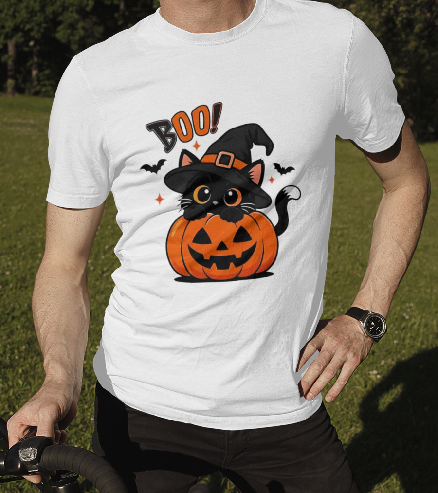 Boo Halloween Black Cat Witch Hat Jack O Lantern Pumpkin T-Shirt