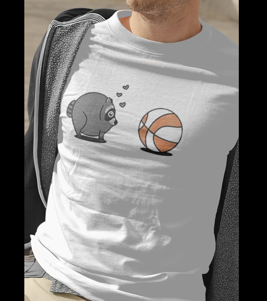 Chubby Cartoon Raccoon Admiring Basketball With Pink Hearts T-Shirt