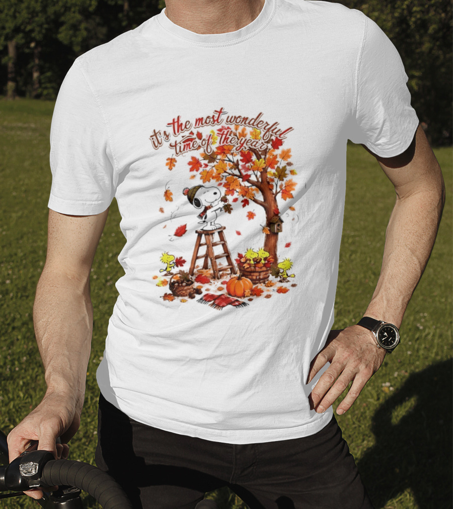Snoopy It's The Most Wonderful Time Of The Year Autumn Tree Pumpkin Woodstock T-Shirt