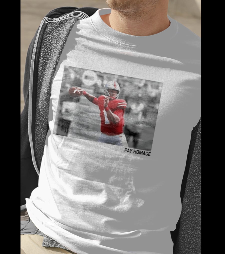 Ohio State Buckeyes NCAA Pay Homage Quarterback Throwing Football Selective Color Photo T-Shirt