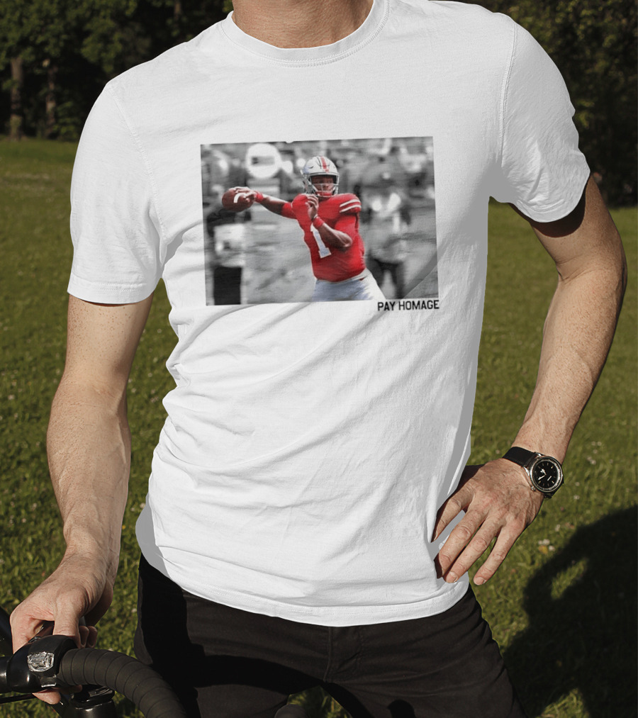 Ohio State Buckeyes NCAA Pay Homage Quarterback Throwing Football Selective Color Photo T-Shirt