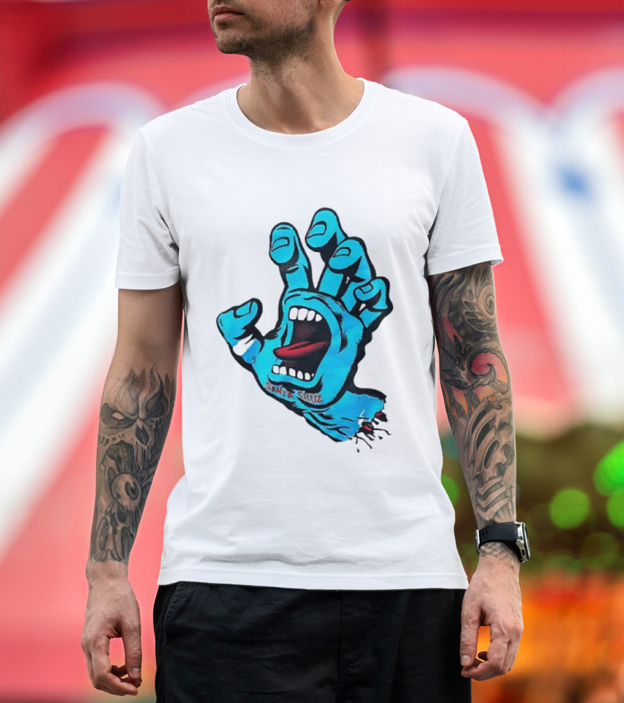 Santa Cruz Blue Screaming Hand Open Mouth Tongue Cartoon T-Shirt